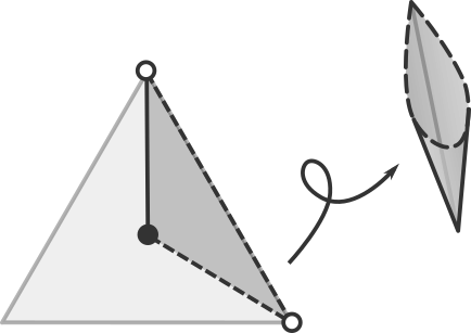 The flat space of triangles is rolled up into a cone