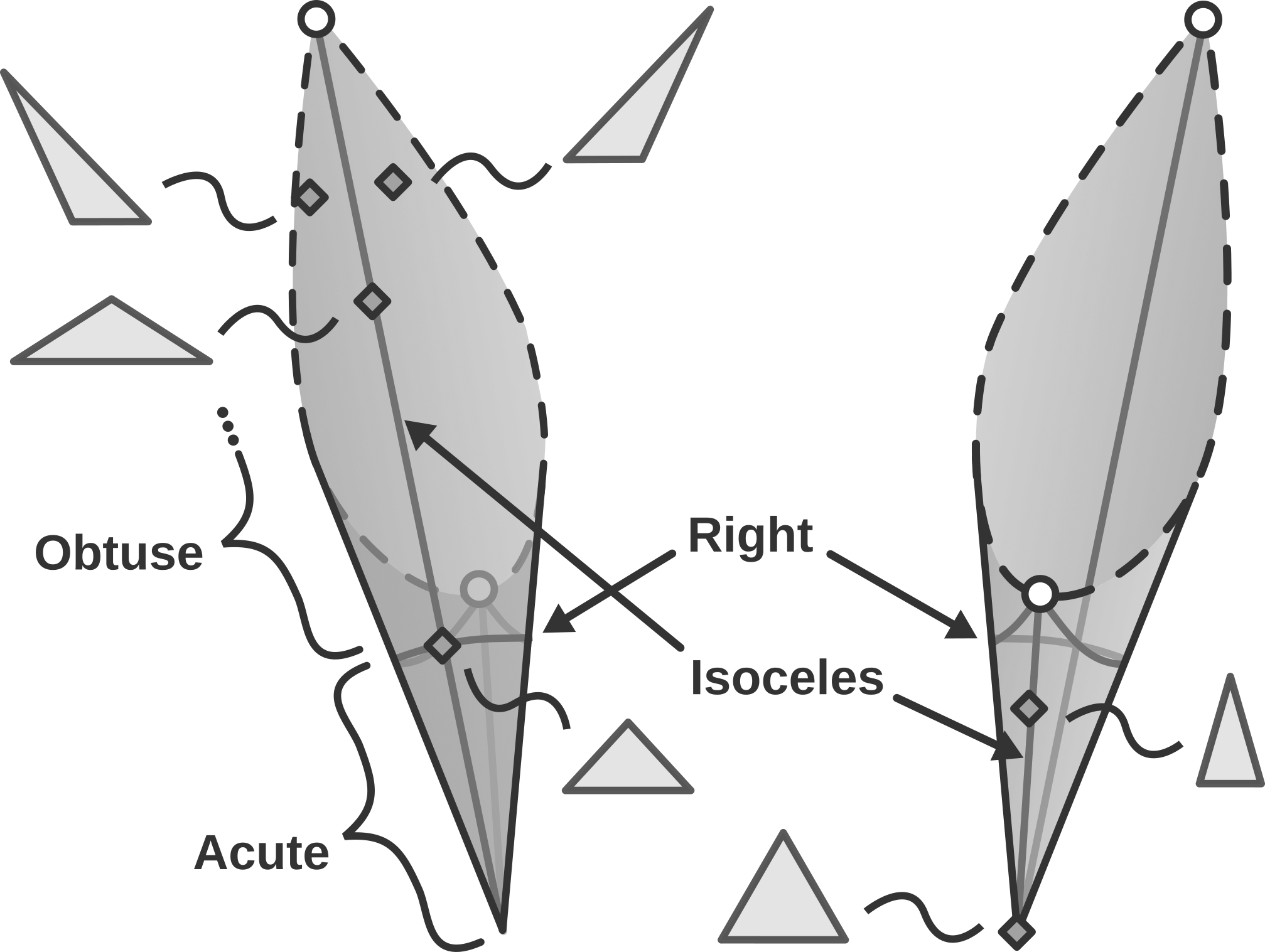 A diagram of the cone representing all triangles with several points and types of triangles labelled